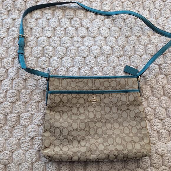 Coach Handbags - Coach File Crossbody Bag Signature Canvas Purse Brown Teal Adjustable Strap